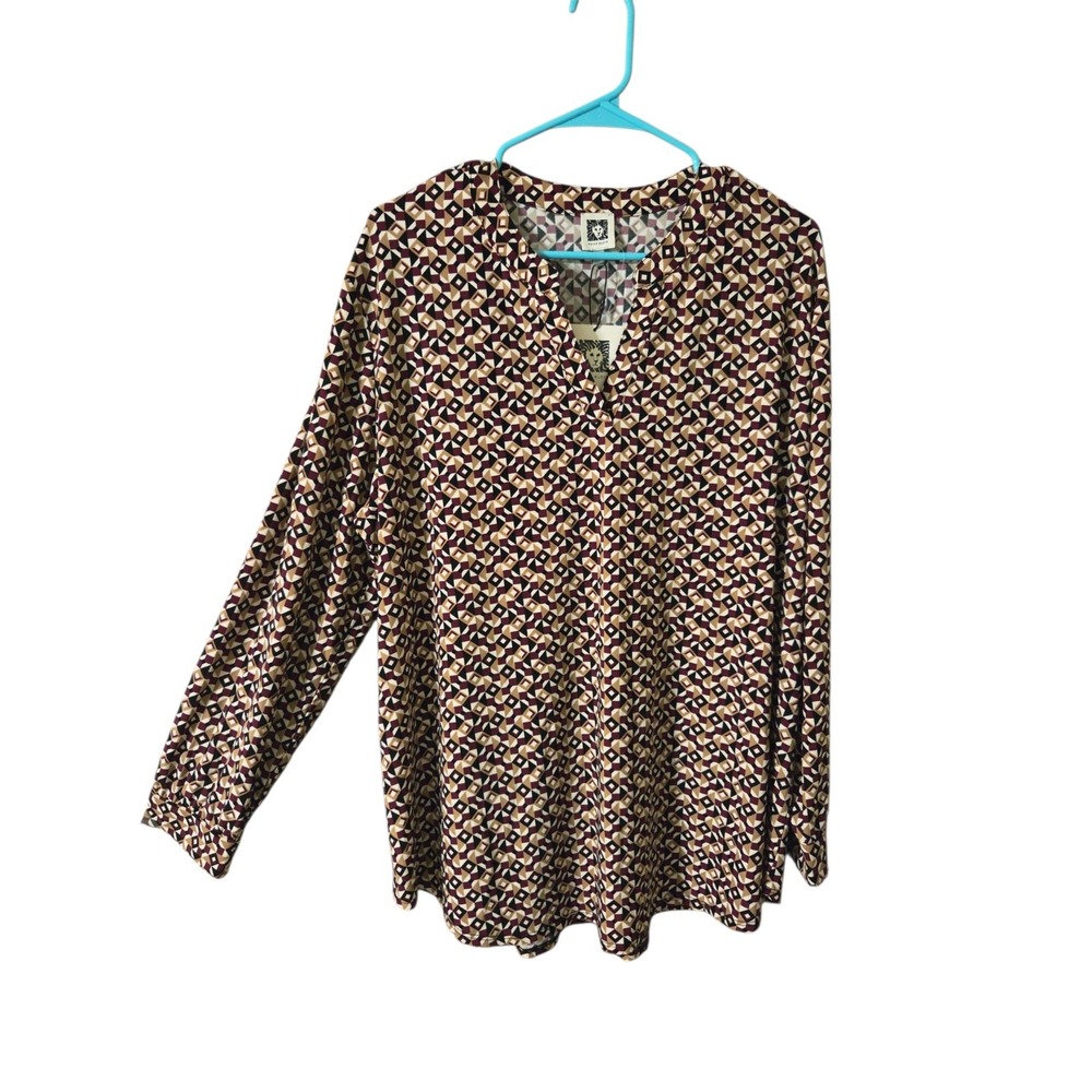Anne Klein Geometric Long Sleeve V-Neck Stretchy Blouse Top Office Career 2X NWT